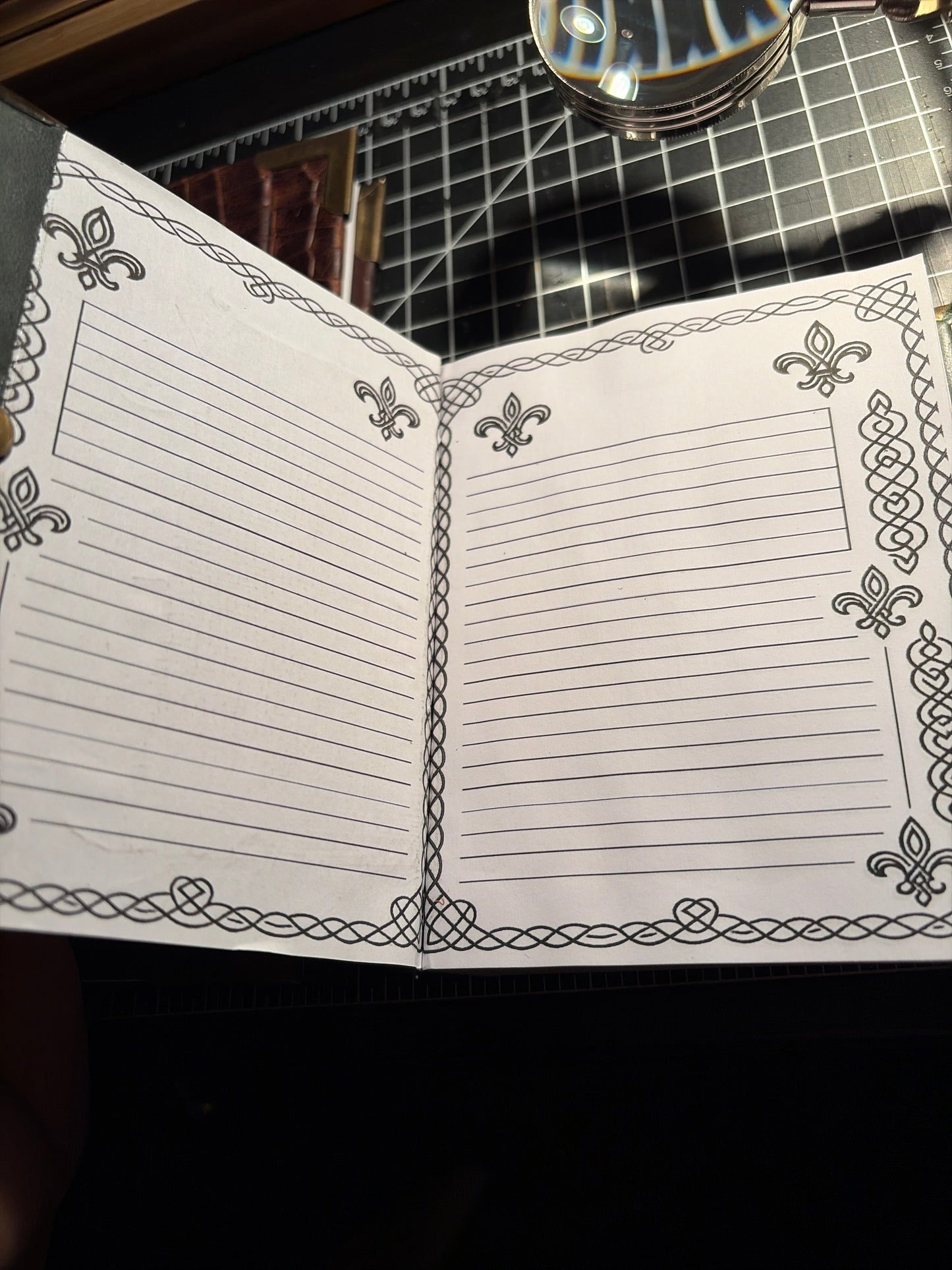 Veggie tanned dark green leather saints journal with unique clasp and medieval border design 400 pages fine paper
