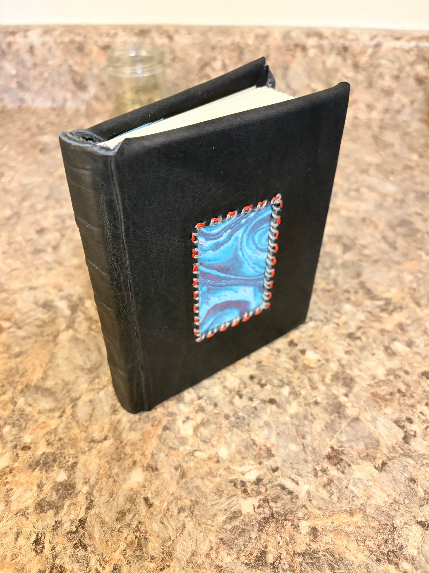 Travel journal - black leather - 200 pages-50 sheets - blue marbled inside cover -