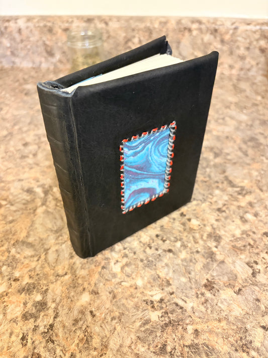 Travel journal - black leather - 200 pages-50 sheets - blue marbled inside cover -