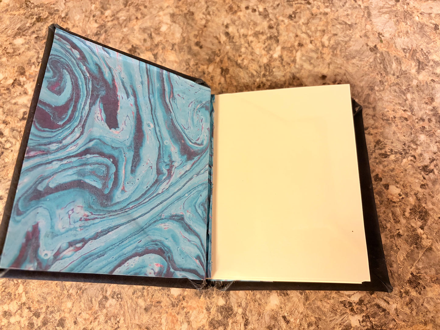 Travel journal - black leather - 200 pages-50 sheets - blue marbled inside cover -